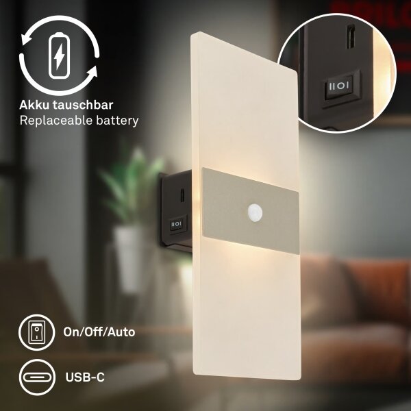 Briloner 3888012 - LED презареждаема стенна лампа със сензор AURA LED/2,5W/5V 1800 mAh матова