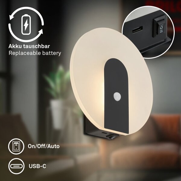 Briloner 3889015 - Презареждаема стенна LED лампа със сензор TARO LED/2,5W/5V 1800 mAh черна