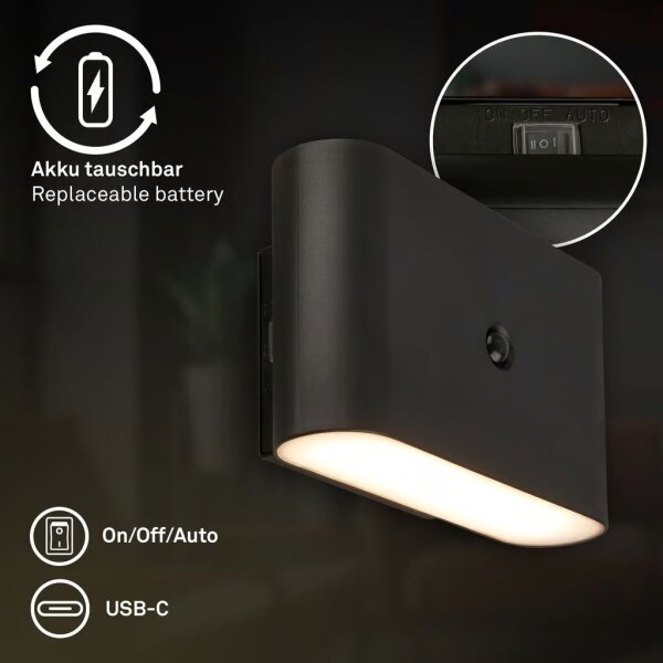 Briloner 3878015 – LED акумулаторна стенна лампа с датчик CHAT, LED/3W/5V, 2000 mAh, черна