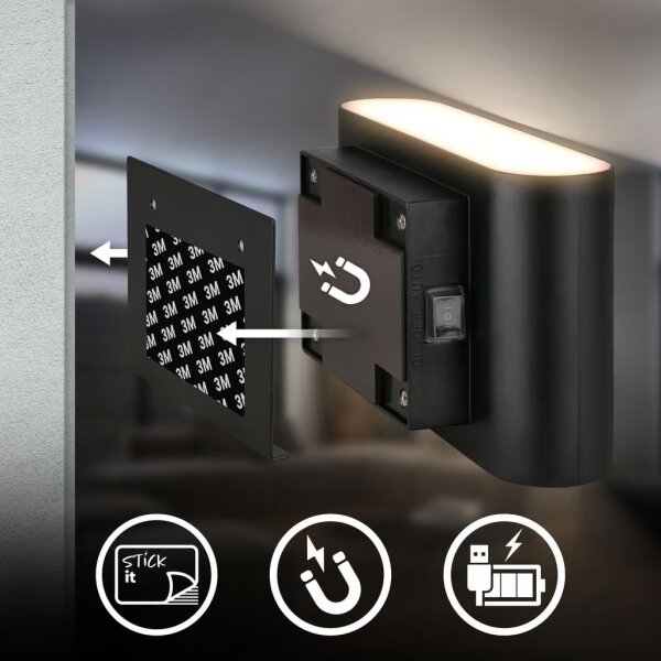 Briloner 3878015 – LED акумулаторна стенна лампа с датчик CHAT, LED/3W/5V, 2000 mAh, черна