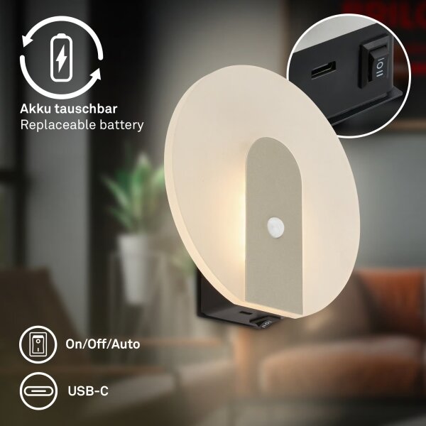 Briloner 3889012 - LED зареждаемо настенно осветително тяло с сензор TARO LED/2,5W/5V 1800 mAh матово
