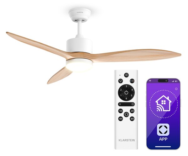 Klarstein SkyBreeze Интелигентен таванен вентилатор със светлина | 132 см | 27 W | Тих | LED | Дървен