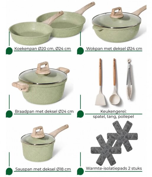 Комплект съдове за готвене Just Perfecto JL-33SET, 13 части, Алуминии, Мраморно покритие, Стъклени капаци с отвор за пара, Без PTFE и PFOA, Индукция, Зелен
