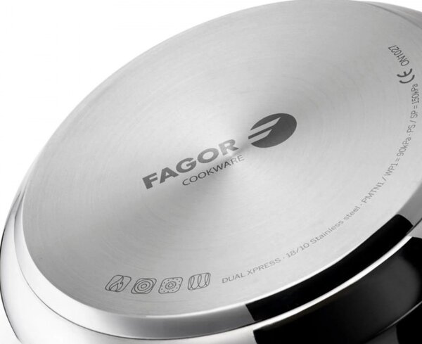 Тенджера под налягане Fagor Dual Xpress 4+6L, 2 бр, 30-90 kPa, 22 см, 5 защити, 3-слойно дъно, Неръждаема стомана 18/10, Индукция, Сребрист