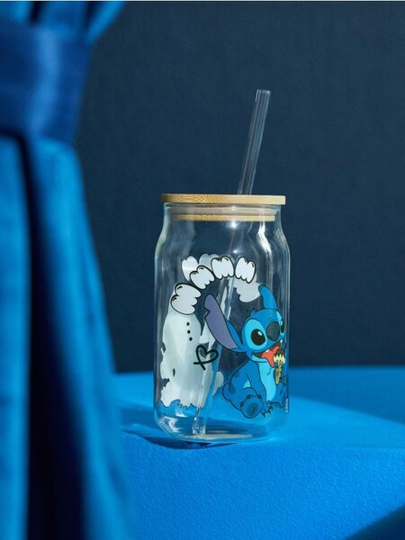 Sinsay - Стъклена чаша с капак и сламка Stitch - многоцветен