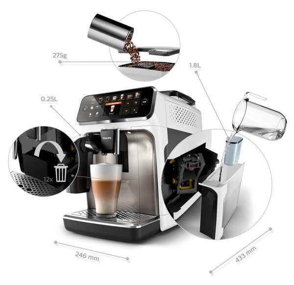 Кафеавтомат Philips LatteGo 5500 EP5543/90, 1500W, 15 bar, 1.8 л, 20 напитки, LatteGo, SilentBrew, QuickStart, Керамична мелачка, Сензорен екран, Бял хром