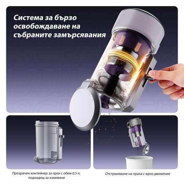 Прахосмукачка против акари Jimmy BX8 Pro, 600W, 0.5 л, 17 kPa, Pro-Brushroll, Стерилизация чрез нагряване 65C, Ултразвук, UV, Отрицателни йони, 6 степенна филтрация, Сив/Лилав