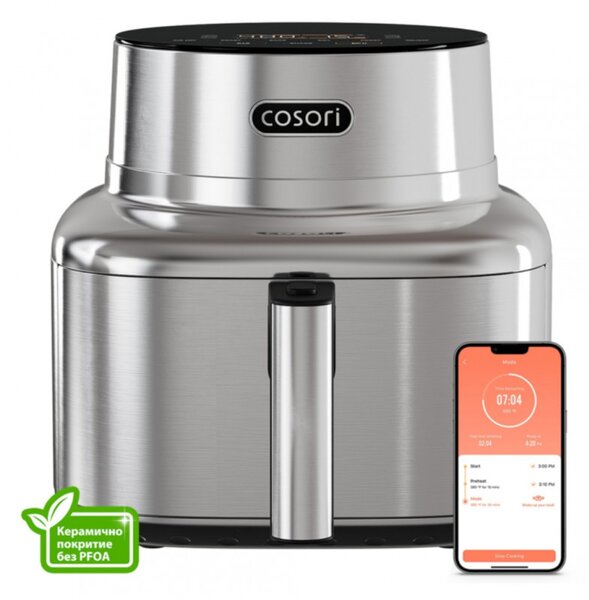 Фритюрник с горещ въздух Cosori Iconic CAF-SE601S, 1725W, 6.2 л, 30-230°C, 6 програми, Таймер, Керамично покритие, Инокс/черен