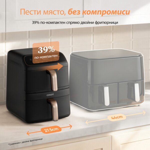 Фритюрник с горещ въздух Cosori Turbo Tower Compact CAF-DC861, 2630W, 2x4.3 л, 40-230°C, 5 програми, Керамично покритие, Синхронизация, Черен/розово злато