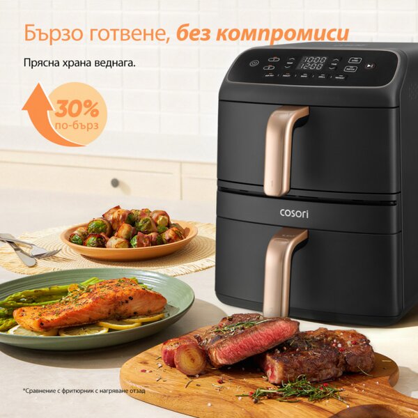 Фритюрник с горещ въздух Cosori Turbo Tower Compact CAF-DC861, 2630W, 2x4.3 л, 40-230°C, 5 програми, Керамично покритие, Синхронизация, Черен/розово злато
