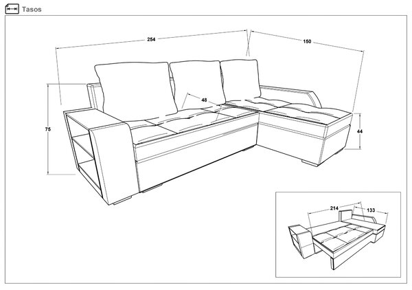 Разтегателен диван Тасос + подлакътник мини етажерка