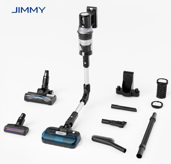 Вертикална прахосмукачка 3в1 JIMMY JV10 Pro Aqua, 800W, 0.6 л, 90 мин, Сухо/мокро + полиране, 4 режима, Сензор за прах, Авто регулиране на мощност, Бял/черен