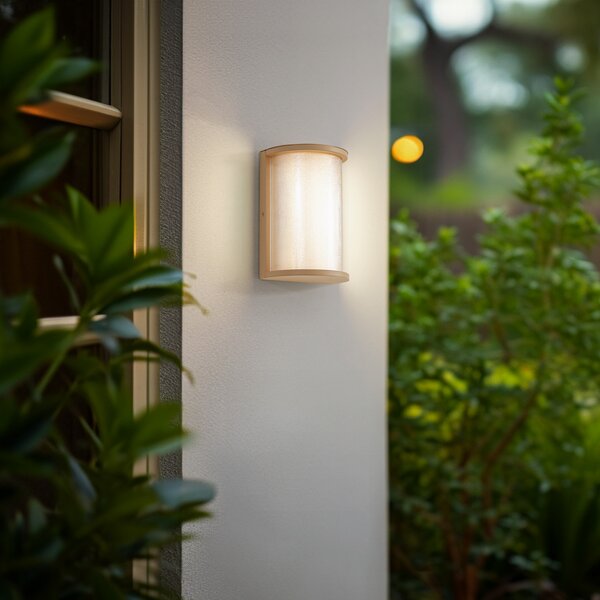 Lindby LED външна стенна лампа Calvik, бежова, набраздена, IP44, Бежов, Метал, Модерен