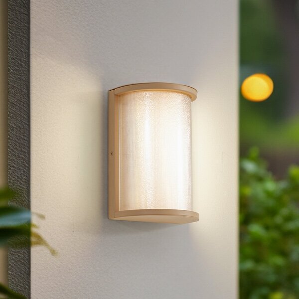 Lindby LED външна стенна лампа Calvik, бежова, набраздена, IP44, Бежов, Метал, Модерен