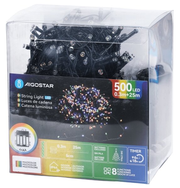 Aigostar - LED външен коледен гирлянд 500xLED/8 функции 4xAA 25,3 m многоцветен