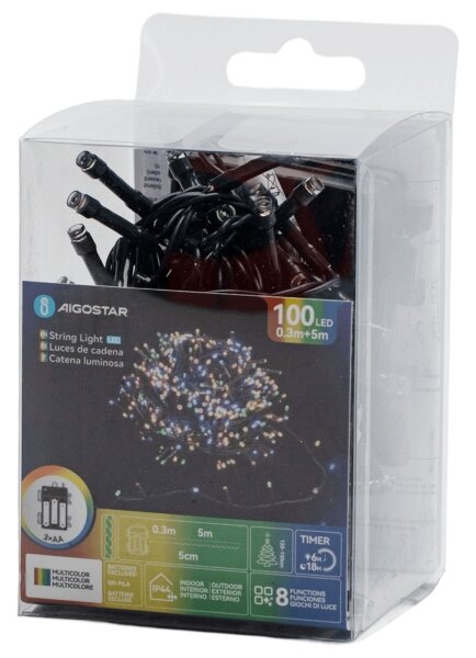 Aigostar - LED външна гирлянда 100xLED / 8 режима / 3xAA / 5,3 m / IP44 / многоцветна