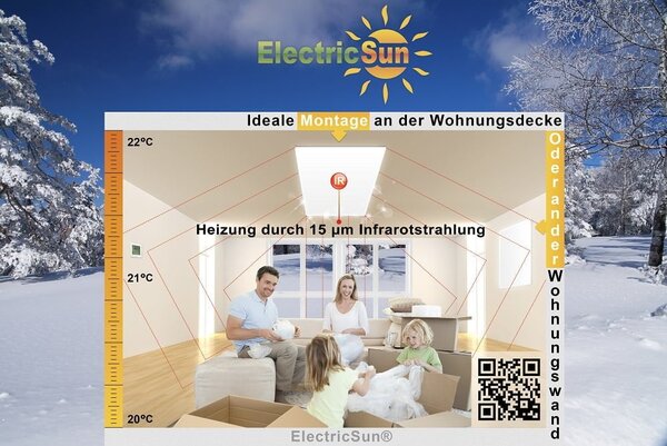 Инфрачервени панели за отопление електрически нагревател 720W ElectricSun бял с термостат, инсталация на тавана или стената