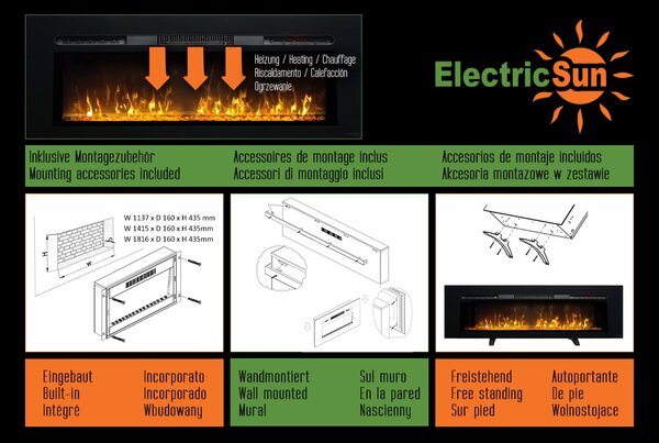 Eлектрическа камина за стена ElectricSun PAULA ГОЛЯМ черна стъкло, на стена, cвободно стоящ или за вграждане, със звук, 10 цвята, L183xH45x16см