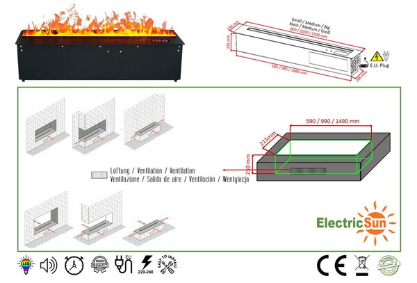 Вградена 3D електрическа камина с водна пара, Led, с приложение, ElectricSun MISTique ГОЛЯМ 150 см