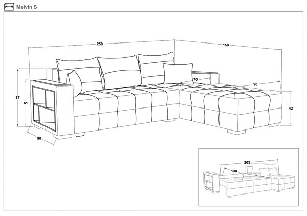 Разтегателен диван Мелвин S с лежанка + подлакътник мини етажерка