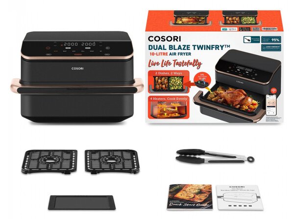 Двоен фритюрник с горещ въздух Cosori Dual Blaze TwinFry CAF-TF101S, 10 л, 6 програми, 240 C, Таймер, ThermoIQ, Черен