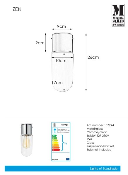 Markslöjd 107794 - За баня Лампа за таван ZEN 1xE27/15W/230V IP44