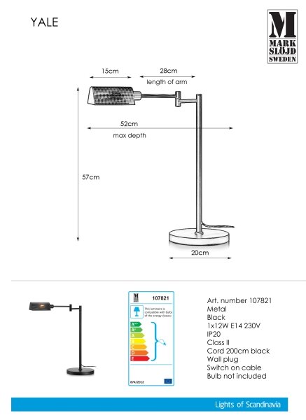 Markslöjd 107821 - Настолна лампа YALE 1xE14/12W/230V