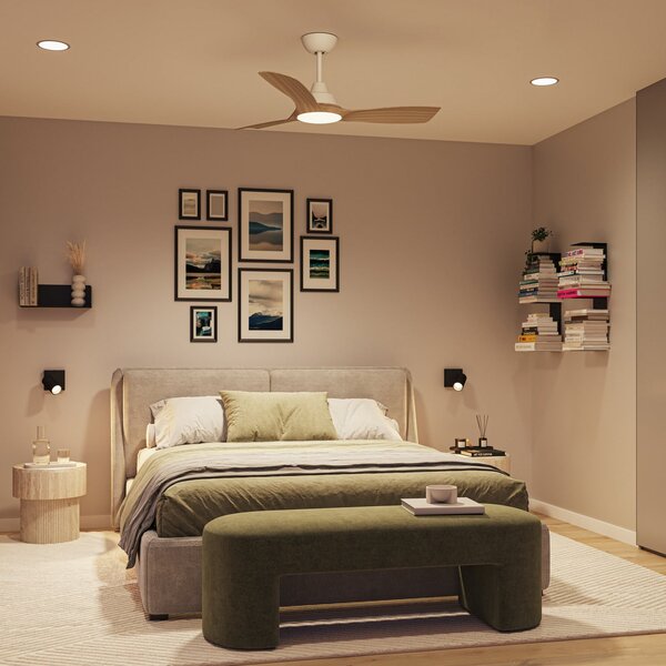 Philips LED вентилатор Olas, Ø 106 см, дърво/бяло, CCT, DC, Затъмняване, Бял, Дневна/трапезария, Пластмаса, Модерен
