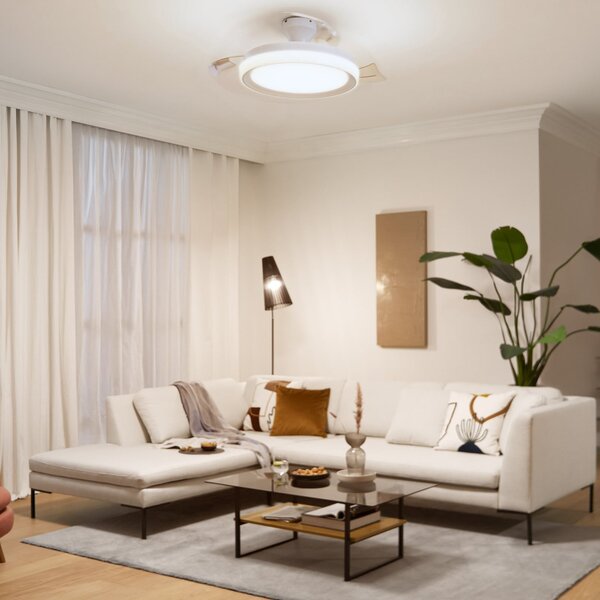 Philips LED тавански вентилатор Bliss, бял, DC, безшумен, Затъмняване, Бял, Дневна/трапезария, Метал, Модерен