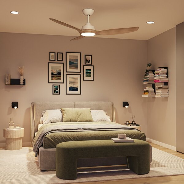 Philips LED вентилатор Olas, Ø 132 см, дърво/бяло, CCT, DC, Затъмняване, Бял, Дневна/трапезария, Пластмаса, Модерен