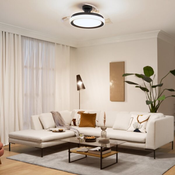 Philips LED тавански вентилатор Bliss, черен/бял, DC, безшумен, Затъмняване, Черен, Дневна/трапезария, Метал, Модерен
