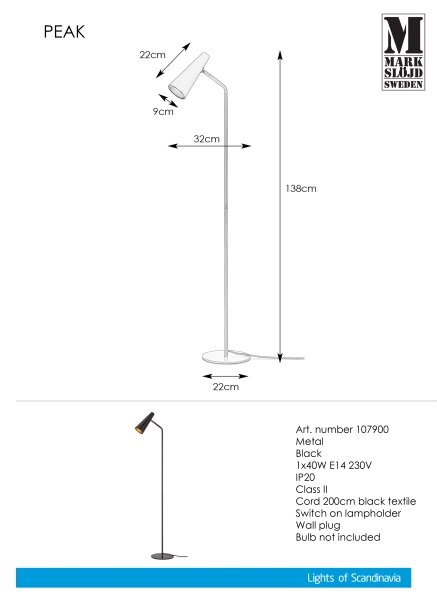 Markslöjd 107900 - Подова лампа PEAK 1xE14 / 40W / 230V