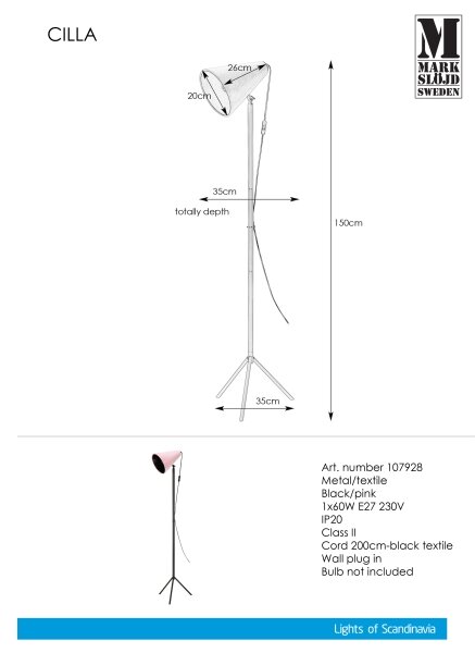 Markslöjd 107928 - Подова лампа CILLA 1xE27/60W/230V