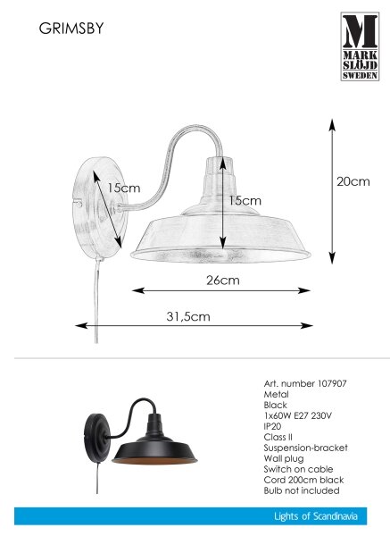 Markslöjd 107907 - Стенна лампа GRIMSBY 1xE27/60W/230V