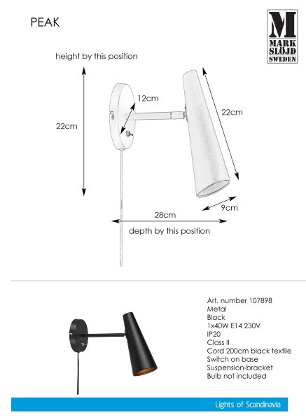 Markslöjd 107898 - Стенна лампа PEAK 1xE14/40W/230V