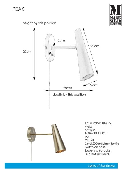 Markslöjd 107899 - Стенна лампа PEAK 1xE14/40W/230V
