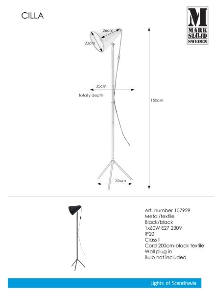 Markslöjd 107929 - Подова лампа CILLA 1xE27/60W/230V