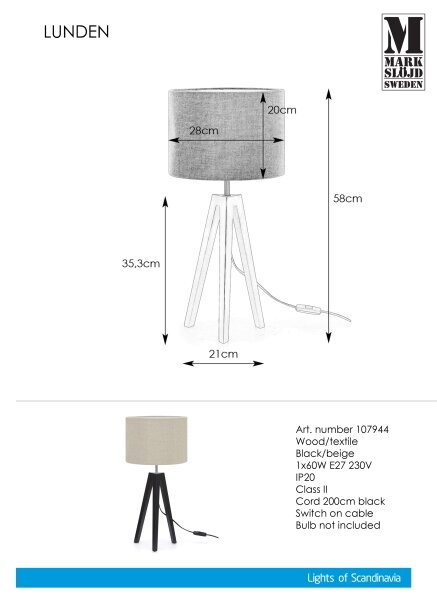 Markslöjd 107944 - Настолна лампа LUNDEN 1xE27/60W/230V