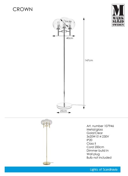 Markslöjd 107946 - Подова лампа CROWN 3xE14/20W/230V