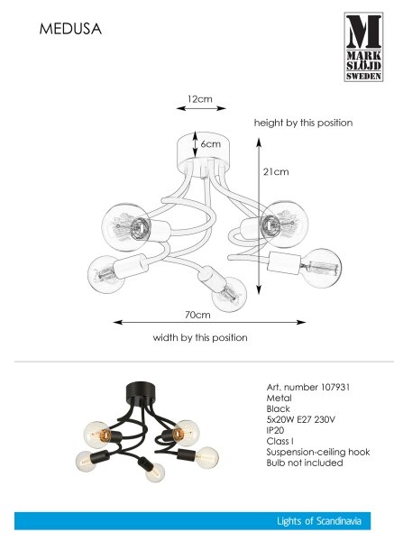 Markslöjd 107931 - Прикрепен полилей MEDUSA 5xE27/20W/230V