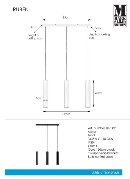 Markslöjd 107882 - Полилей на въже RUBEN 3xGU10/35W/230V