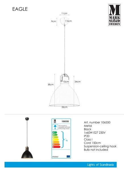 Markslöjd 106550 - Полилей на въже EAGLE 1xE27/60W/230V