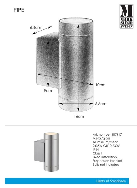 Markslöjd 107917 - Екстериорен аплик PIPE 2xGU10/35W/230V IP44