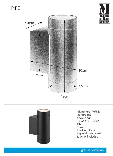 Markslöjd 107916 - Екстериорен аплик PIPE 2xGU10/35W/230V IP44