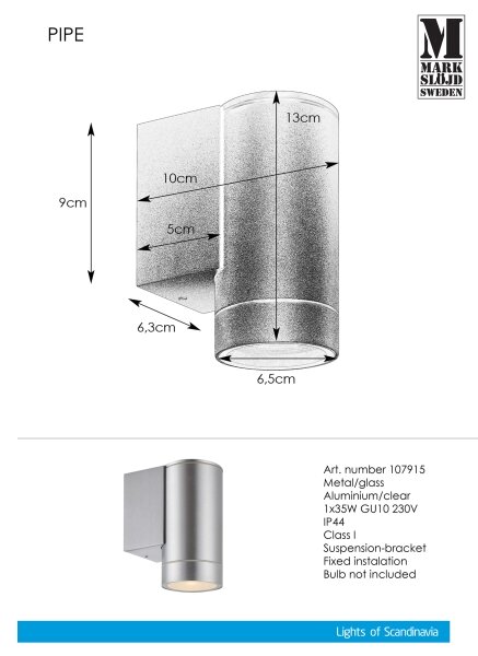 Markslöjd 107915 - Екстериорен аплик PIPE 1xGU10/35W/230V IP44