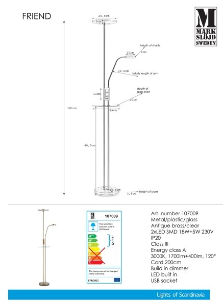 Markslöjd 107009 - LED Димируема Стояща лампа FRIEND LED/18W/230V + LED/5W