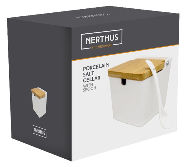 Nerthus Квадратен порцеланов съд за сол с капак и лъжица