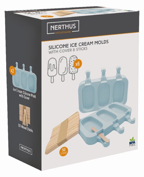 Nerthus Комплект силиконови форми за сладолед с 50 бр. дървени клечки - сини