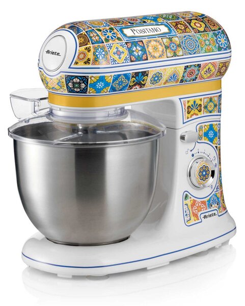 Планетарен миксер Ariete Positano 1588/0P, 2400W, 5.5 л, 7 скорости, Пулс, Ретро дизайн, Аксесоари, Бял/Жълт