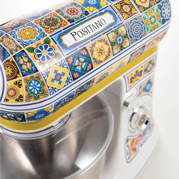 Планетарен миксер Ariete Positano 1588/0P, 2400W, 5.5 л, 7 скорости, Пулс, Ретро дизайн, Аксесоари, Бял/Жълт